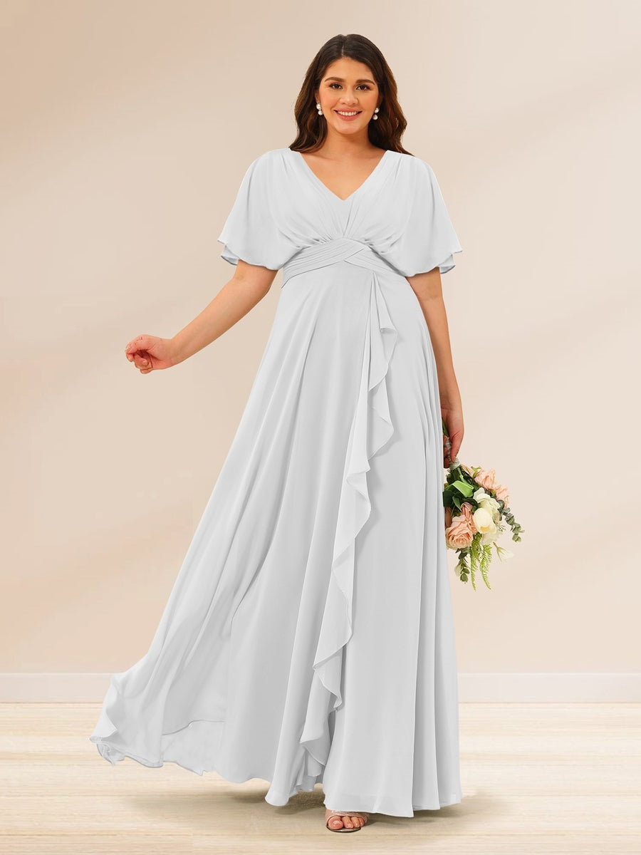 Plus Size V-Neck A-Line Bridesmaid Dresses with Short Sleeves and Pockets