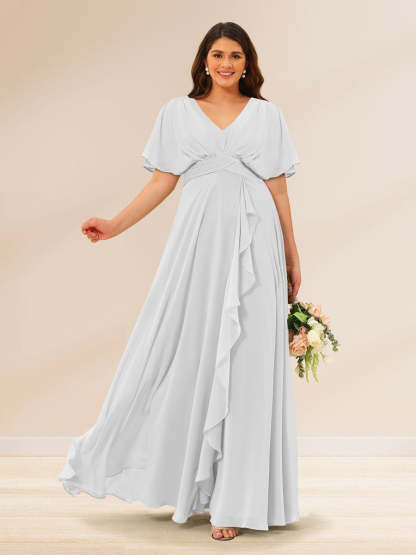 Plus Size V-Neck A-Line Bridesmaid Dresses with Short Sleeves and Pockets