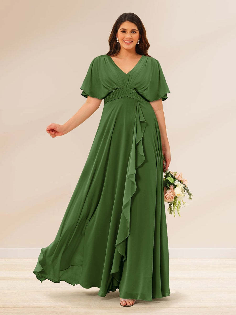 Plus Size V-Neck A-Line Bridesmaid Dresses with Short Sleeves and Pockets