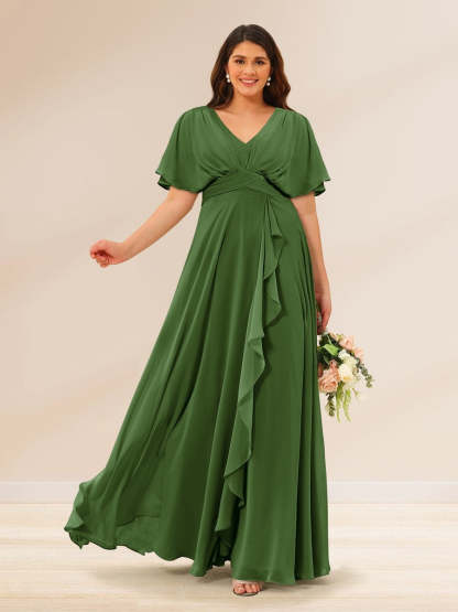 Plus Size V-Neck A-Line Bridesmaid Dresses with Short Sleeves and Pockets