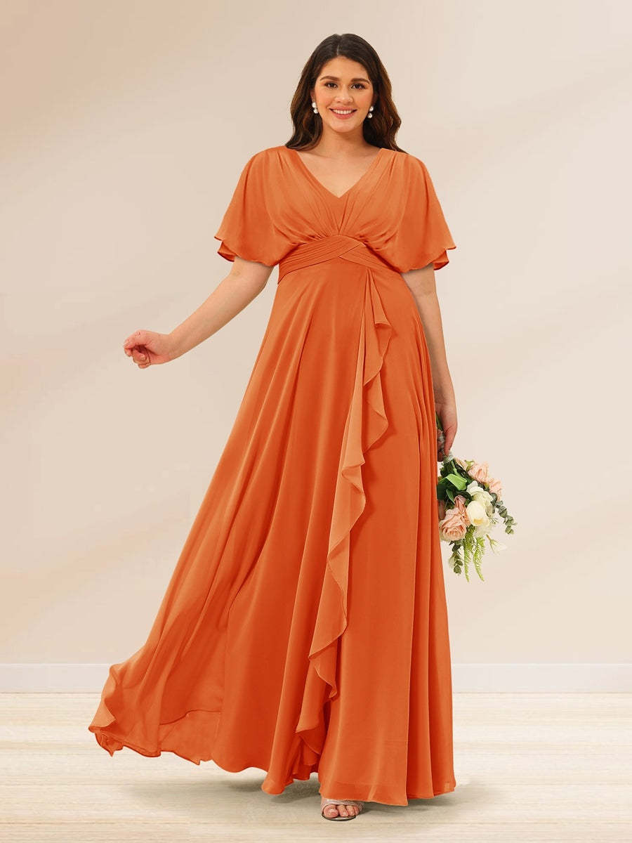 Plus Size V-Neck A-Line Bridesmaid Dresses with Short Sleeves and Pockets