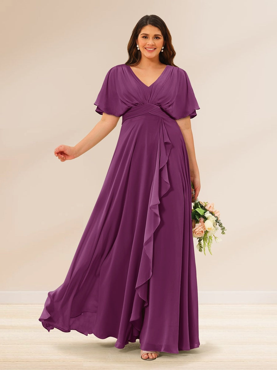 Plus Size V-Neck A-Line Bridesmaid Dresses with Short Sleeves and Pockets