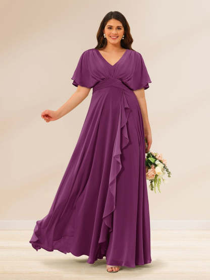 Plus Size V-Neck A-Line Bridesmaid Dresses with Short Sleeves and Pockets