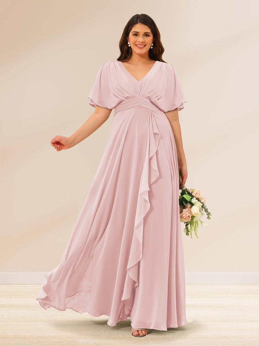 Plus Size V-Neck A-Line Bridesmaid Dresses with Short Sleeves and Pockets