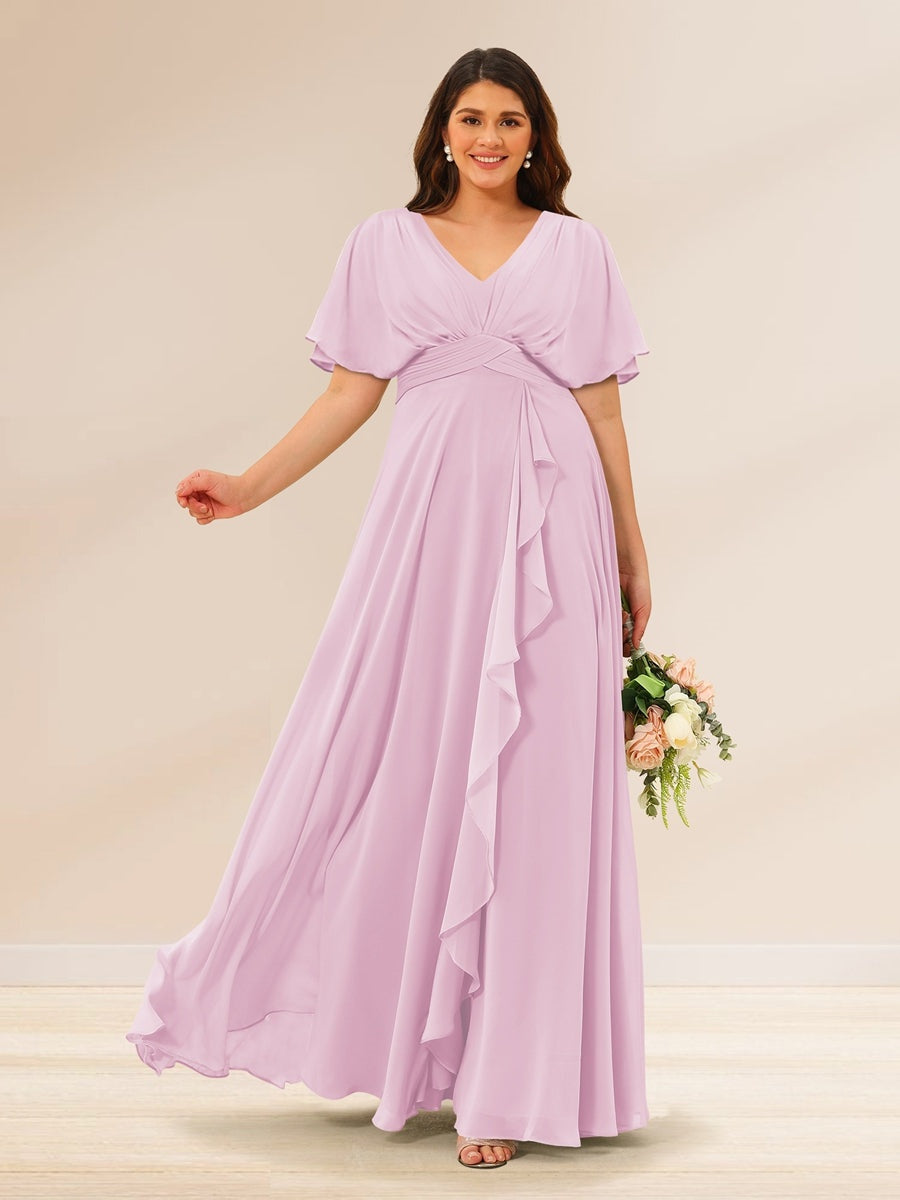 Plus Size V-Neck A-Line Bridesmaid Dresses with Short Sleeves and Pockets