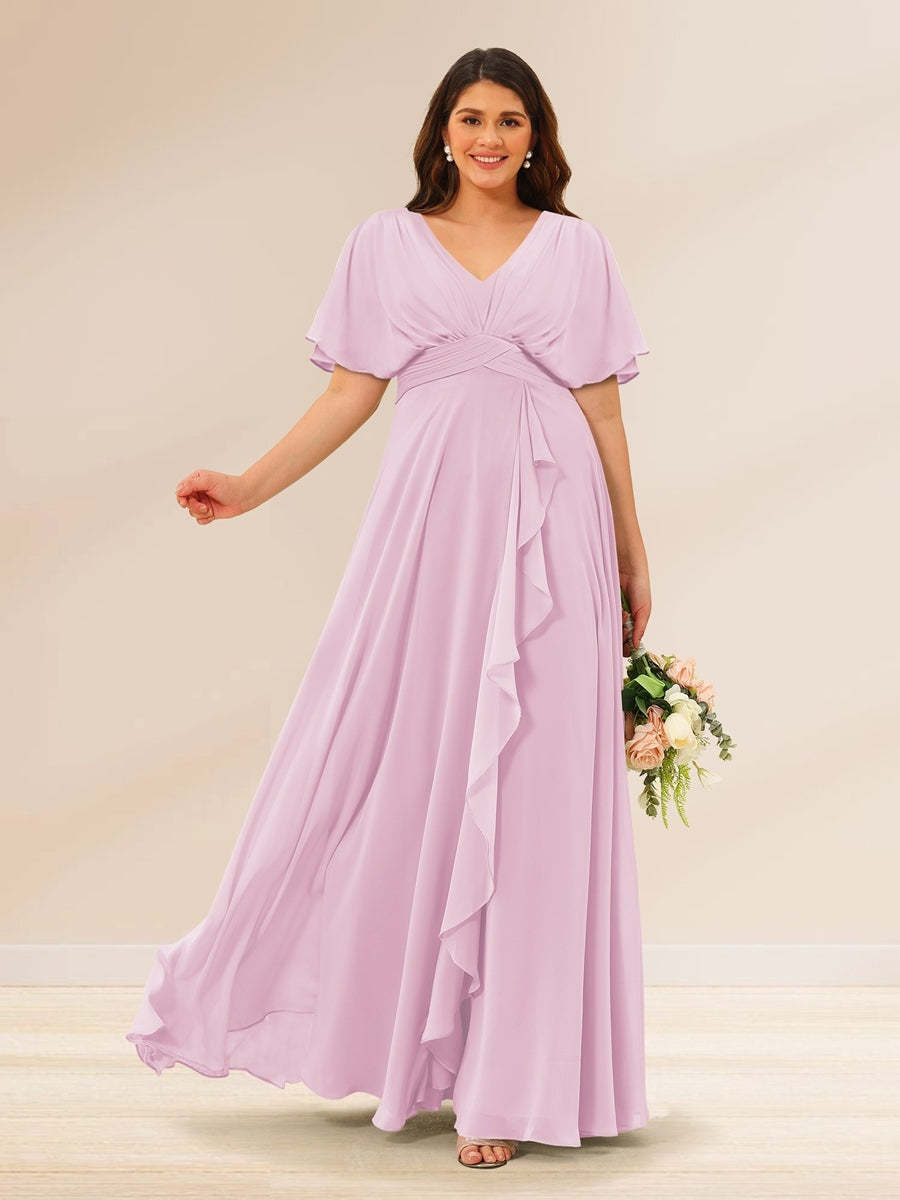 Plus Size V-Neck A-Line Bridesmaid Dresses with Short Sleeves and Pockets