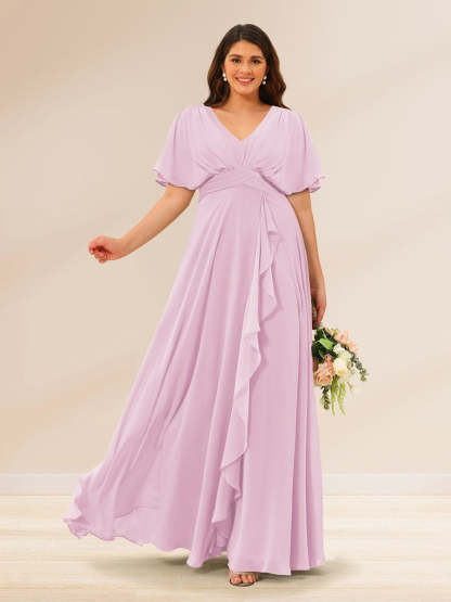 Plus Size V-Neck A-Line Bridesmaid Dresses with Short Sleeves and Pockets