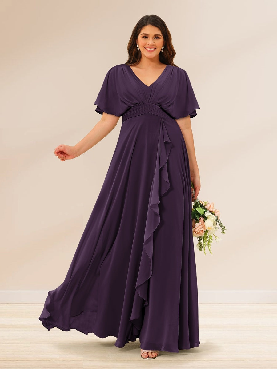 Plus Size V-Neck A-Line Bridesmaid Dresses with Short Sleeves and Pockets