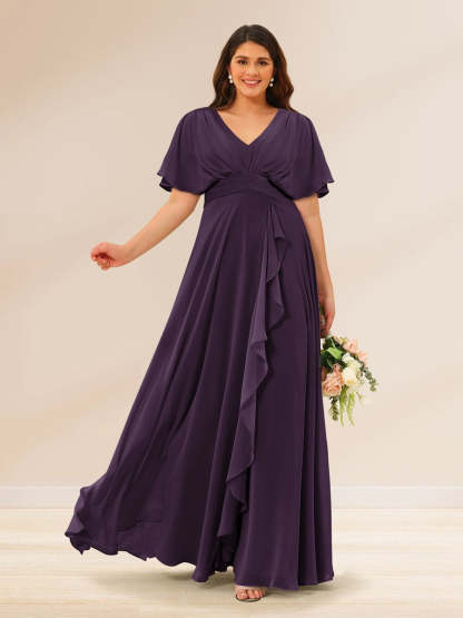 Plus Size V-Neck A-Line Bridesmaid Dresses with Short Sleeves and Pockets