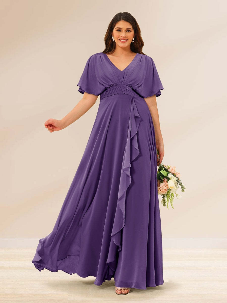 Plus Size V-Neck A-Line Bridesmaid Dresses with Short Sleeves and Pockets