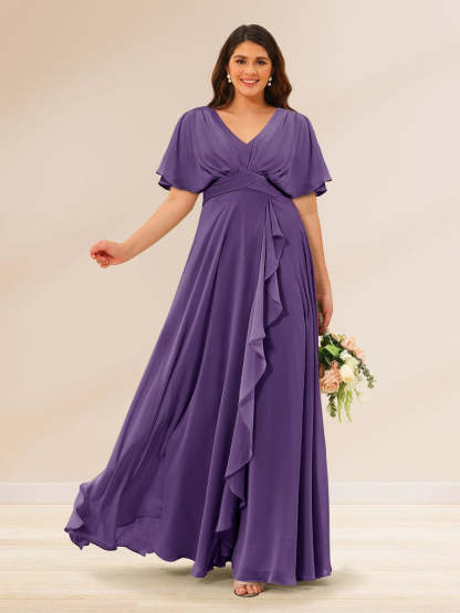 Plus Size V-Neck A-Line Bridesmaid Dresses with Short Sleeves and Pockets