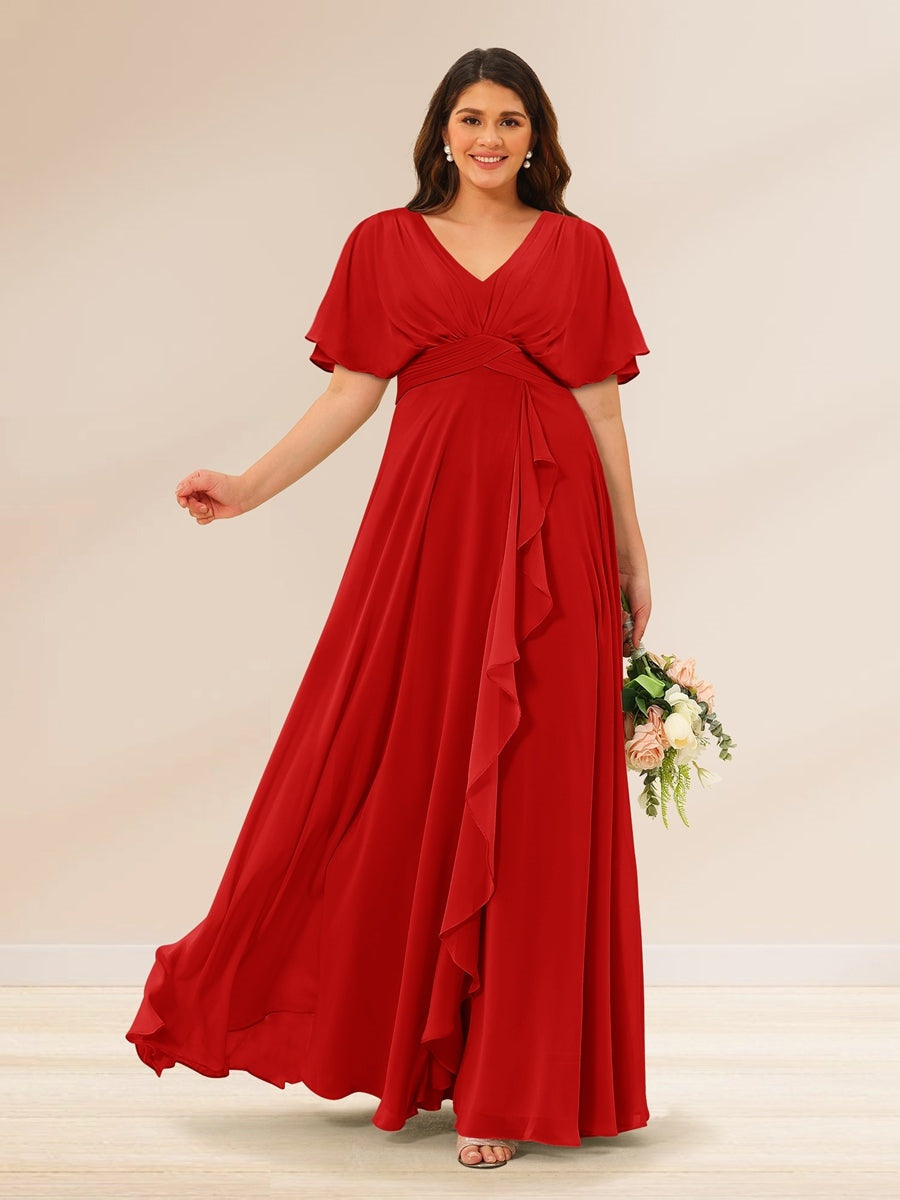 Plus Size V-Neck A-Line Bridesmaid Dresses with Short Sleeves and Pockets