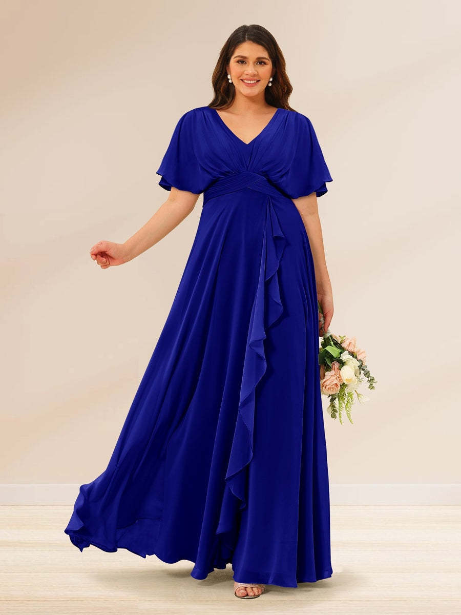 Plus Size V-Neck A-Line Bridesmaid Dresses with Short Sleeves and Pockets