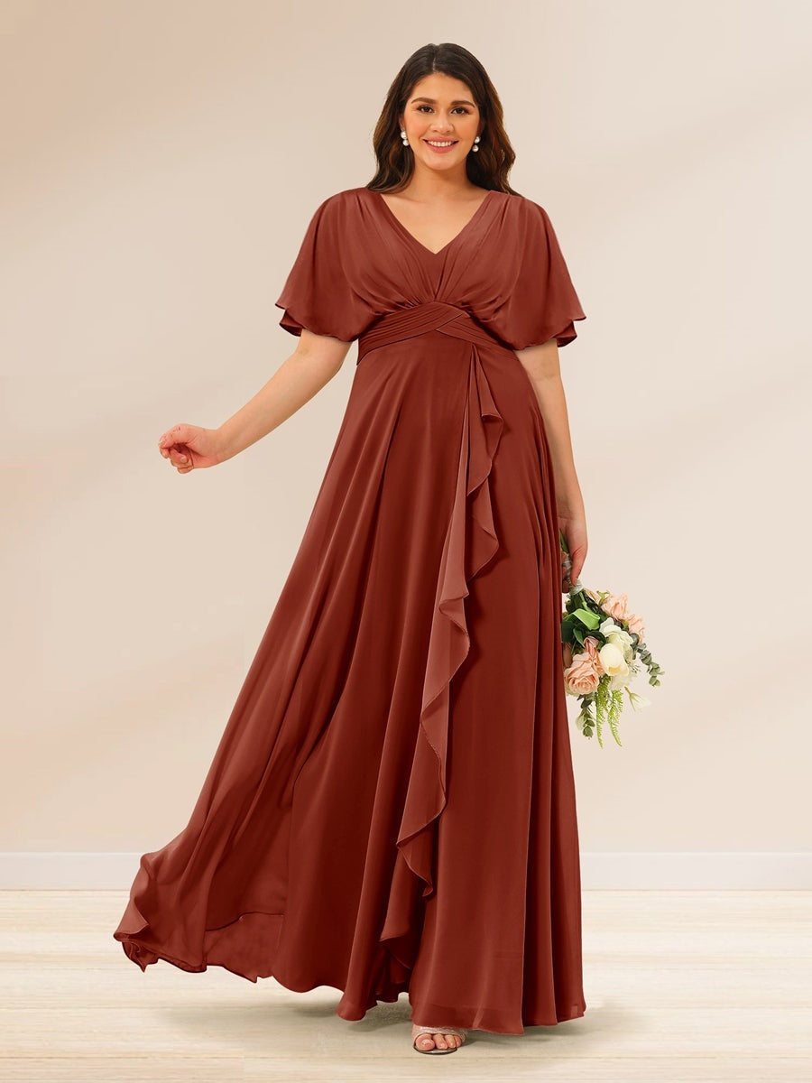 Plus Size V-Neck A-Line Bridesmaid Dresses with Short Sleeves and Pockets