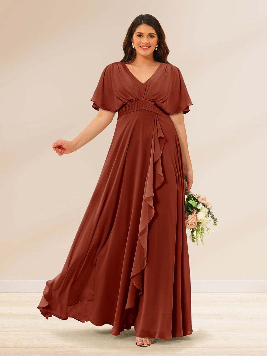 Plus Size V-Neck A-Line Bridesmaid Dresses with Short Sleeves and Pockets