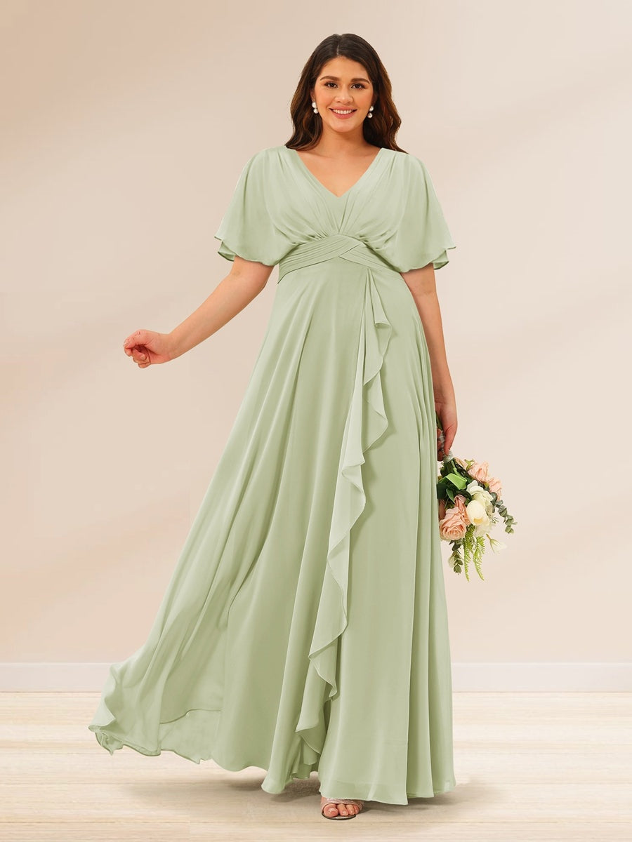 Plus Size V-Neck A-Line Bridesmaid Dresses with Short Sleeves and Pockets