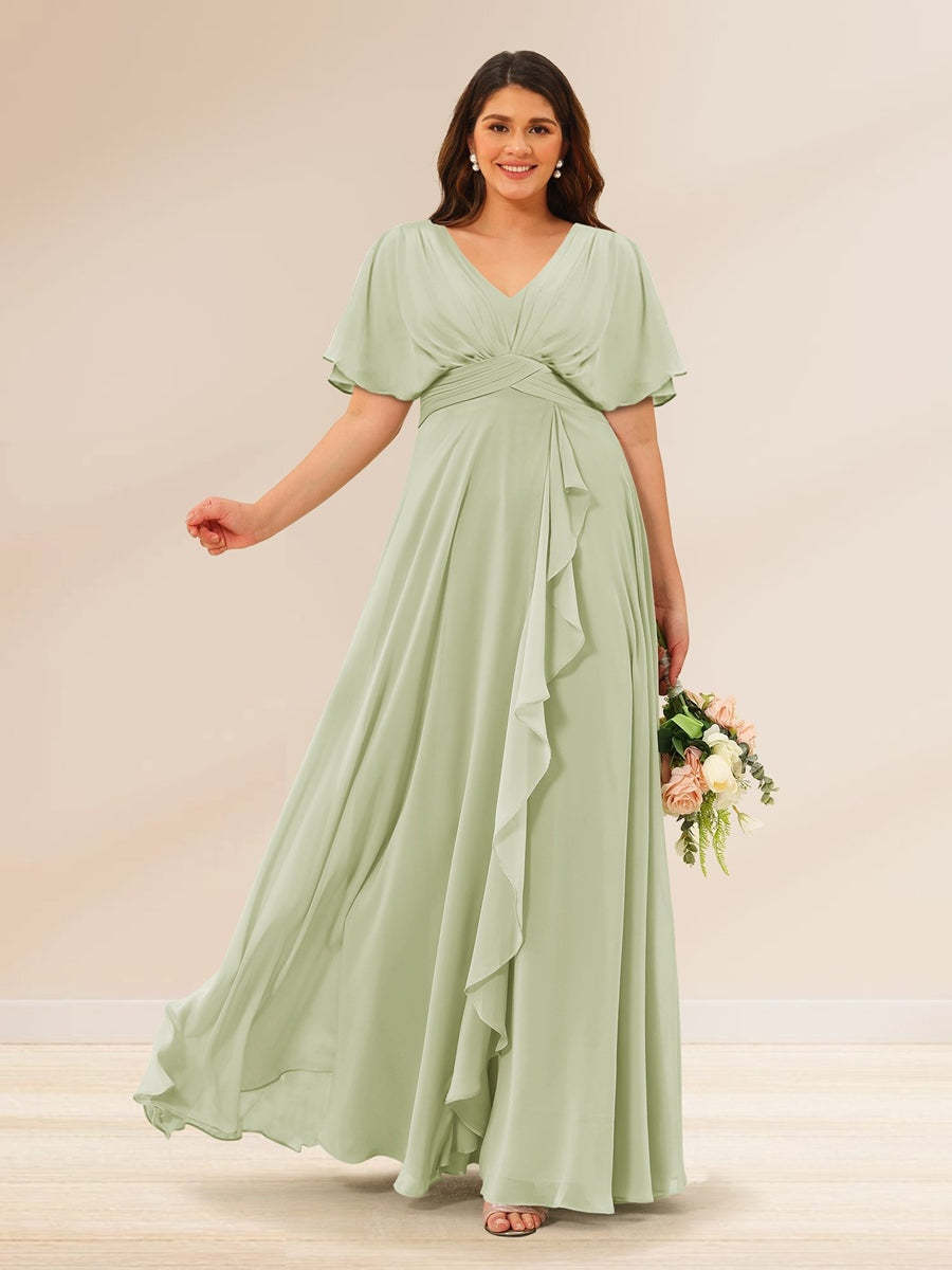 Plus Size V-Neck A-Line Bridesmaid Dresses with Short Sleeves and Pockets