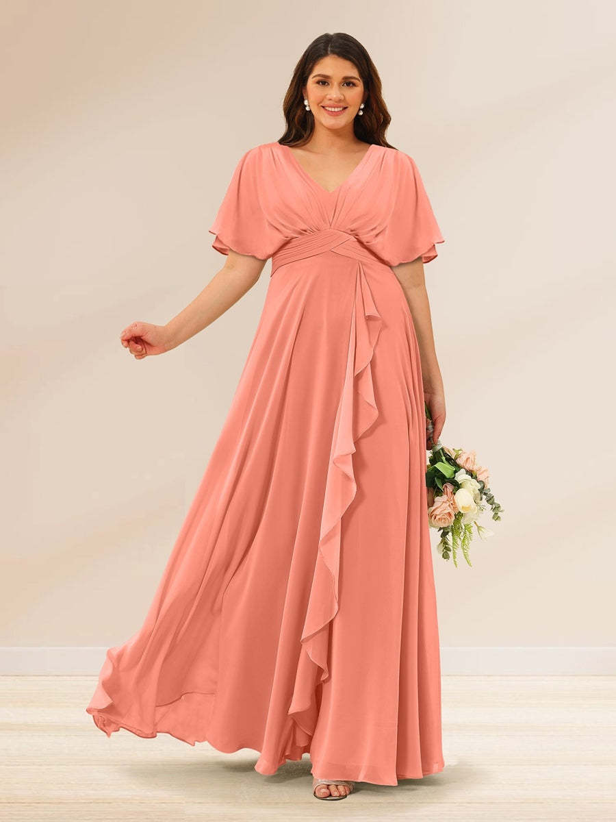 Plus Size V-Neck A-Line Bridesmaid Dresses with Short Sleeves and Pockets