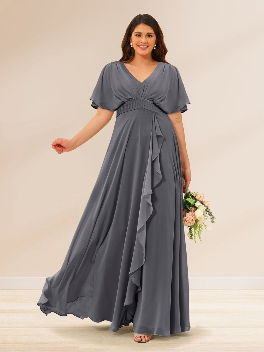 Plus Size V-Neck A-Line Bridesmaid Dresses with Short Sleeves and Pockets