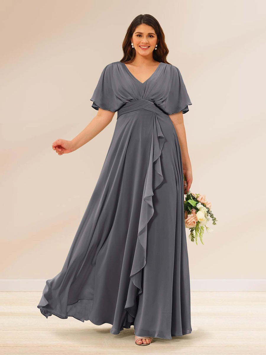 Plus Size V-Neck A-Line Bridesmaid Dresses with Short Sleeves and Pockets