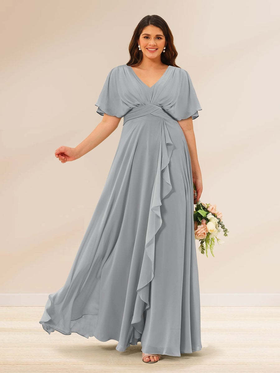 Plus Size V-Neck A-Line Bridesmaid Dresses with Short Sleeves and Pockets