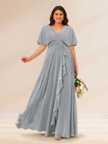 Plus Size V-Neck A-Line Bridesmaid Dresses with Short Sleeves and Pockets