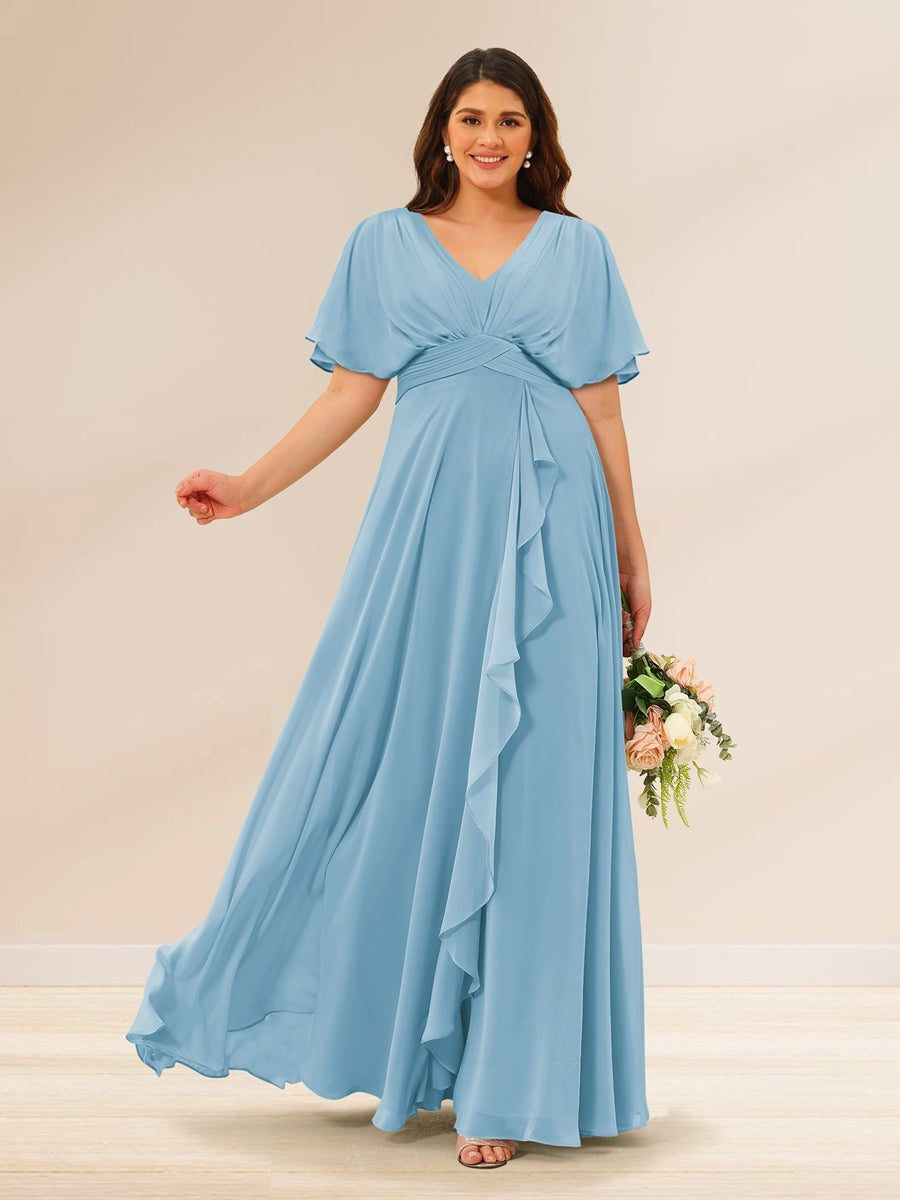 Plus Size V-Neck A-Line Bridesmaid Dresses with Short Sleeves and Pockets