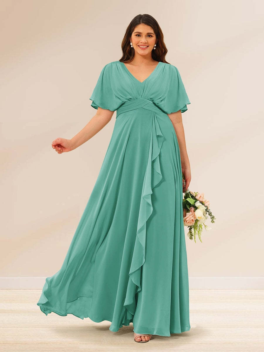 Plus Size V-Neck A-Line Bridesmaid Dresses with Short Sleeves and Pockets