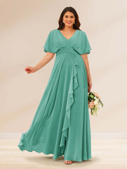Plus Size V-Neck A-Line Bridesmaid Dresses with Short Sleeves and Pockets