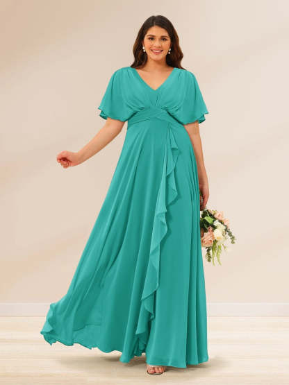 Plus Size V-Neck A-Line Bridesmaid Dresses with Short Sleeves and Pockets