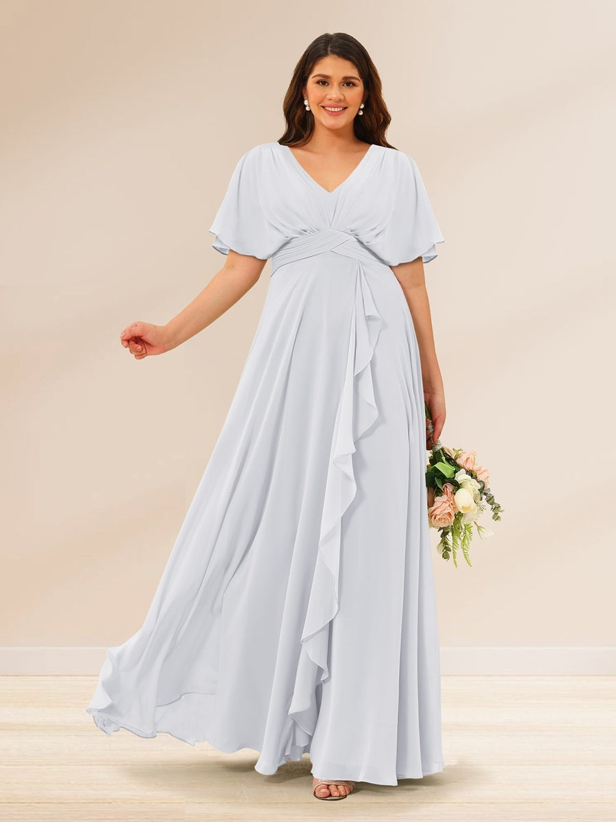 Plus Size V-Neck A-Line Bridesmaid Dresses with Short Sleeves and Pockets