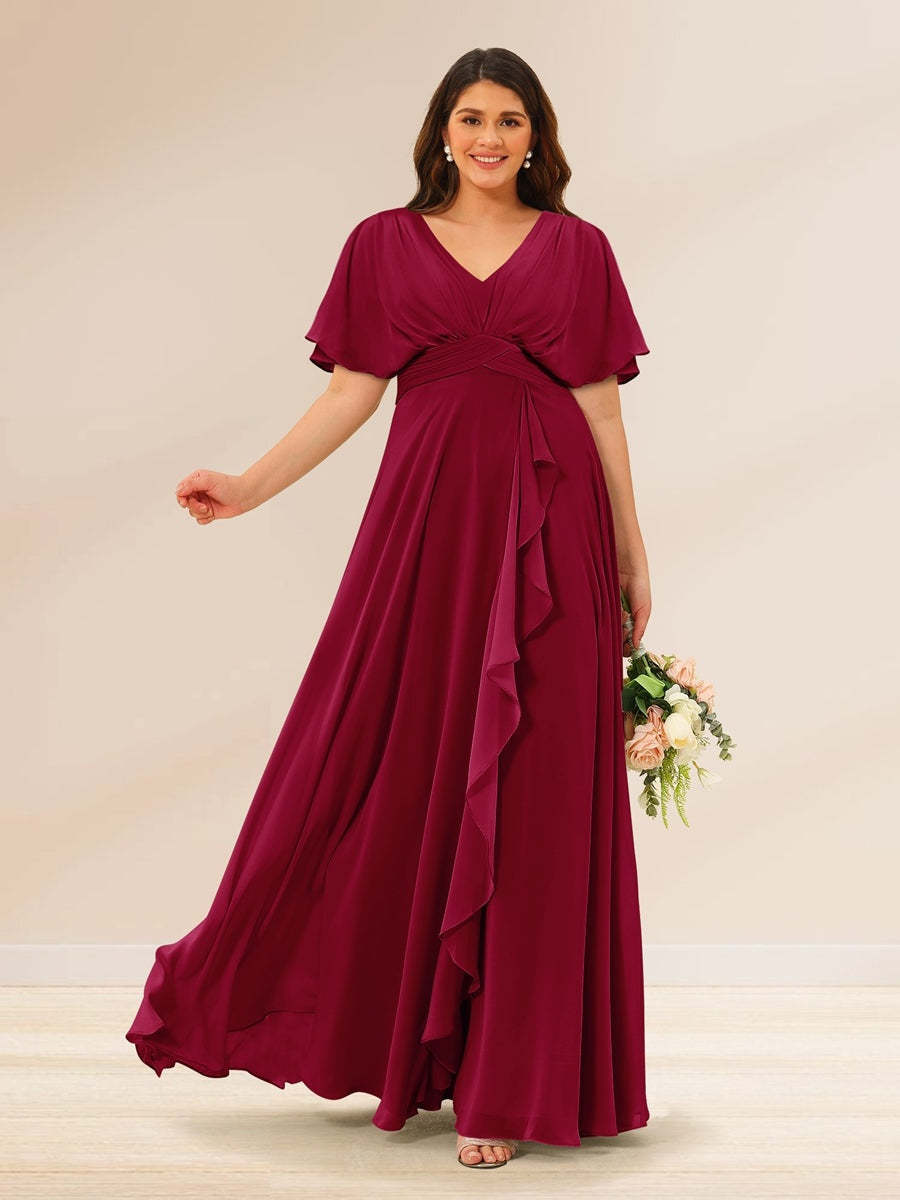Plus Size V-Neck A-Line Bridesmaid Dresses with Short Sleeves and Pockets