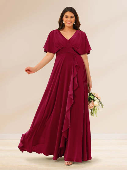 Plus Size V-Neck A-Line Bridesmaid Dresses with Short Sleeves and Pockets
