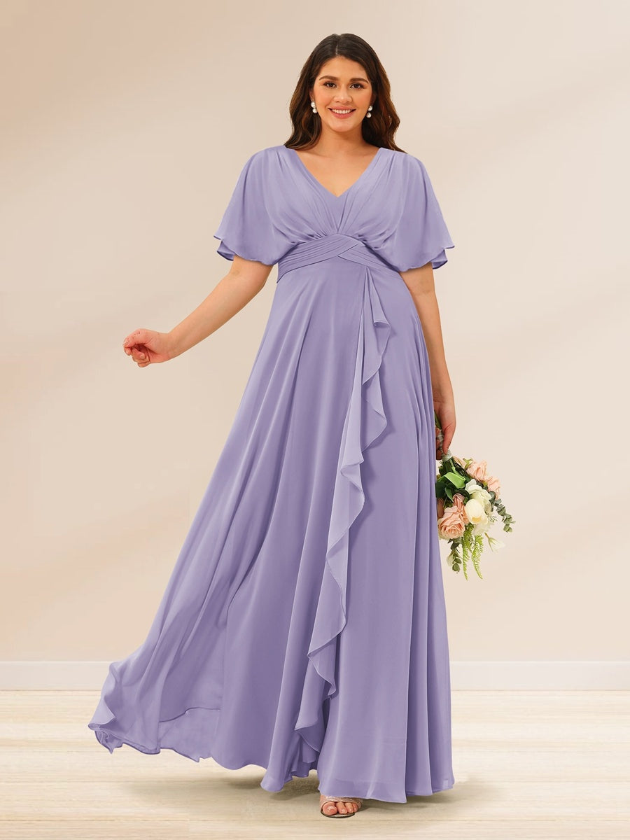 Plus Size V-Neck A-Line Bridesmaid Dresses with Short Sleeves and Pockets