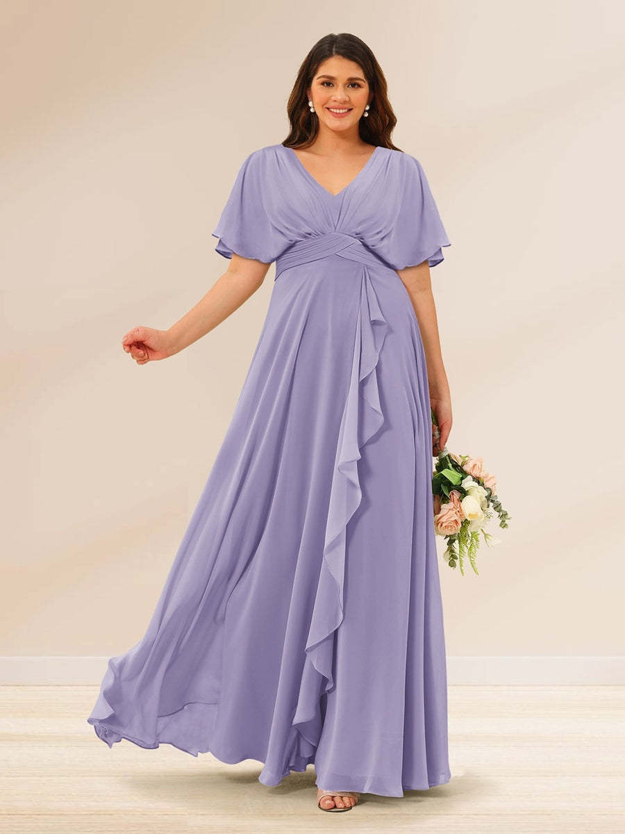 Plus Size V-Neck A-Line Bridesmaid Dresses with Short Sleeves and Pockets