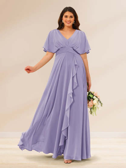 Plus Size V-Neck A-Line Bridesmaid Dresses with Short Sleeves and Pockets