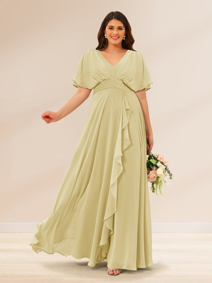 Plus Size V-Neck A-Line Bridesmaid Dresses with Short Sleeves and Pockets