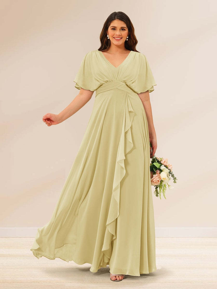 Plus Size V-Neck A-Line Bridesmaid Dresses with Short Sleeves and Pockets