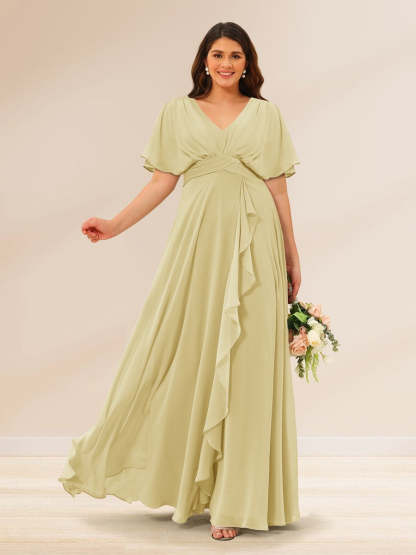 Plus Size V-Neck A-Line Bridesmaid Dresses with Short Sleeves and Pockets
