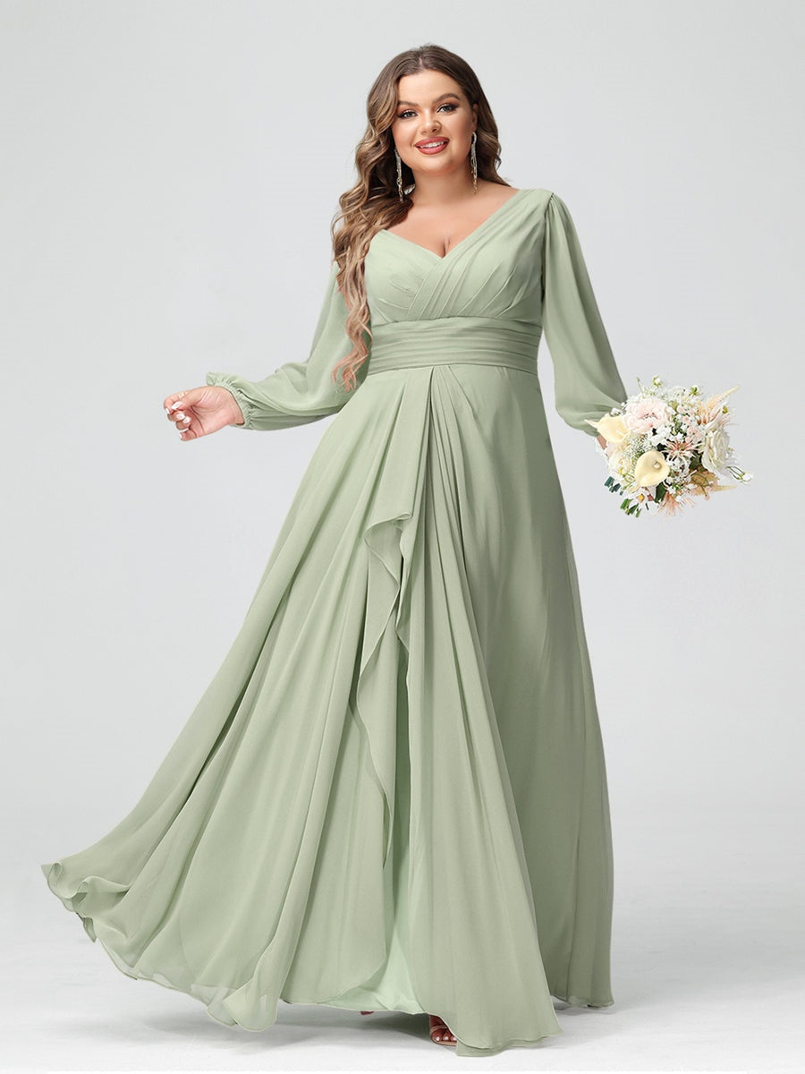 Plus Size Chiffon Bridesmaid Dress with V-Neck, Long Sleeves, and Pockets in A-Line/Princess Style