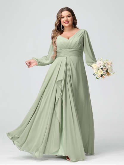 Plus Size Chiffon Bridesmaid Dress with V-Neck, Long Sleeves, and Pockets in A-Line/Princess Style