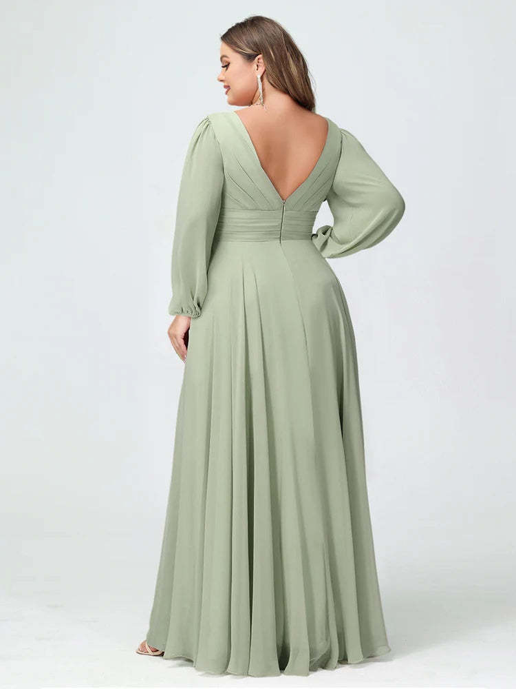 Plus Size Chiffon Bridesmaid Dress with V-Neck, Long Sleeves, and Pockets in A-Line/Princess Style