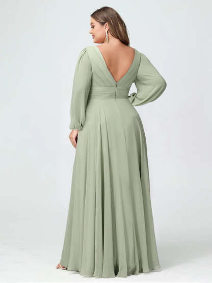 Plus Size Chiffon Bridesmaid Dress with V-Neck, Long Sleeves, and Pockets in A-Line/Princess Style