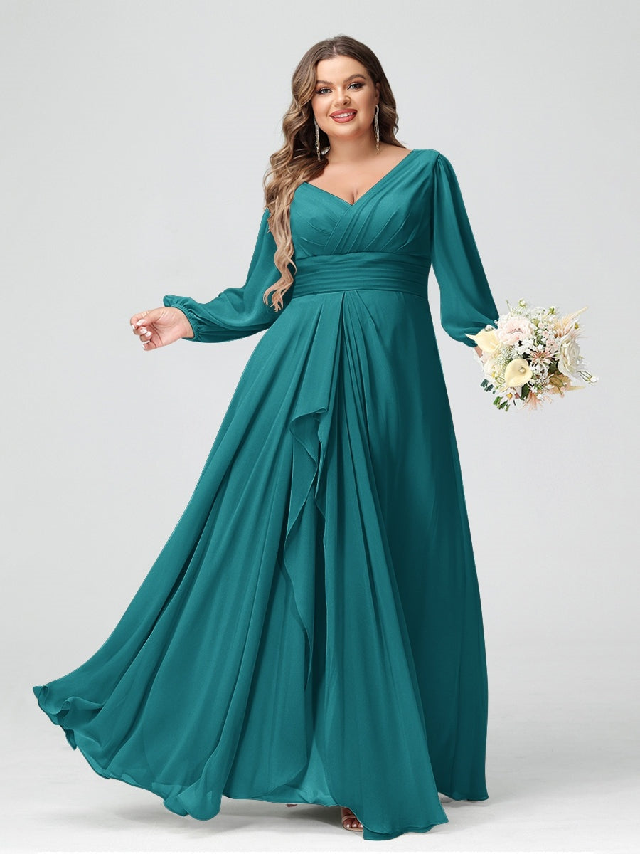 Plus Size Chiffon Bridesmaid Dress with V-Neck, Long Sleeves, and Pockets in A-Line/Princess Style