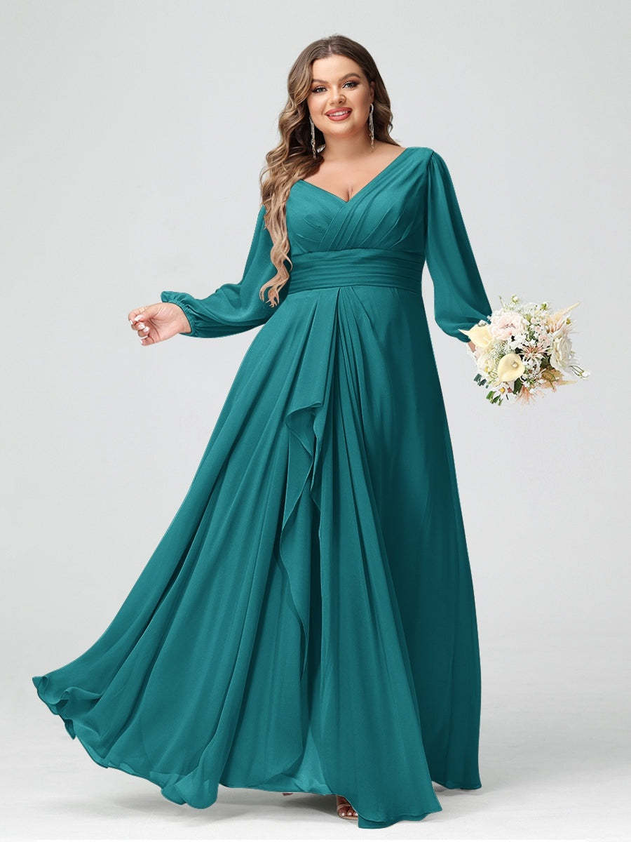 Plus Size Chiffon Bridesmaid Dress with V-Neck, Long Sleeves, and Pockets in A-Line/Princess Style