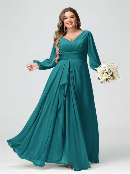 Plus Size Chiffon Bridesmaid Dress with V-Neck, Long Sleeves, and Pockets in A-Line/Princess Style