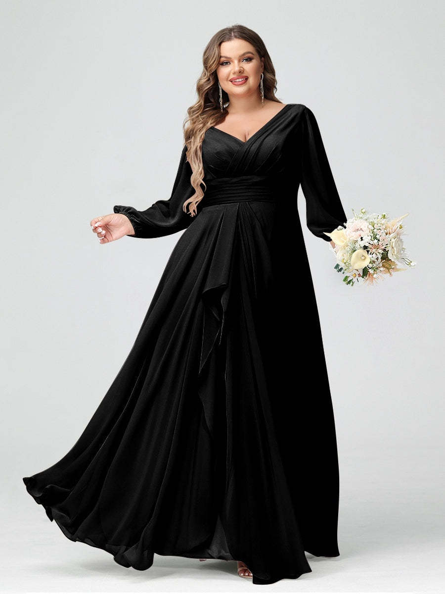Plus Size Chiffon Bridesmaid Dress with V-Neck, Long Sleeves, and Pockets in A-Line/Princess Style