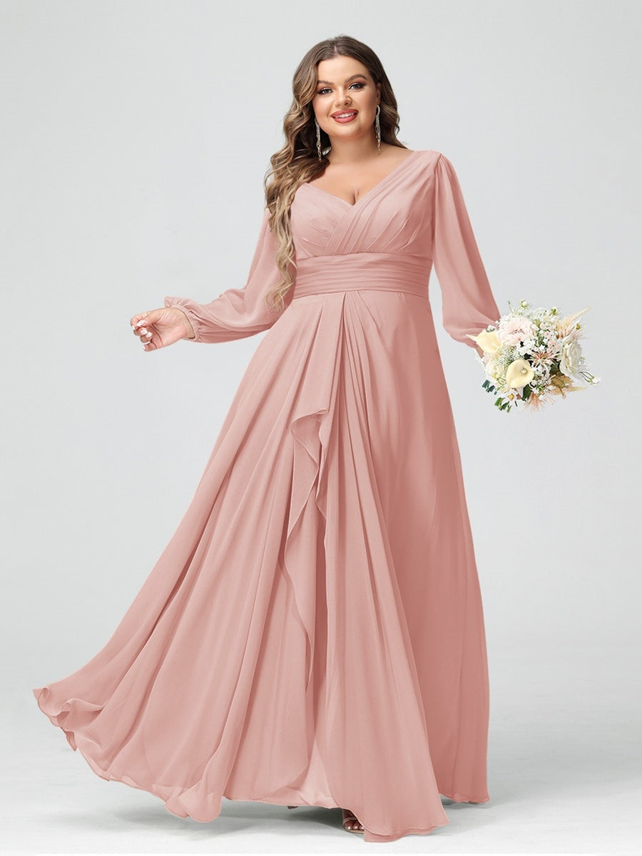 Plus Size Chiffon Bridesmaid Dress with V-Neck, Long Sleeves, and Pockets in A-Line/Princess Style