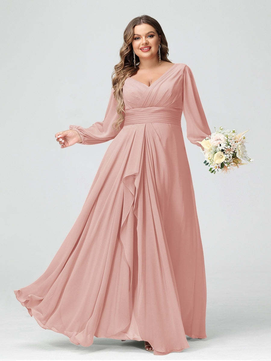 Plus Size Chiffon Bridesmaid Dress with V-Neck, Long Sleeves, and Pockets in A-Line/Princess Style