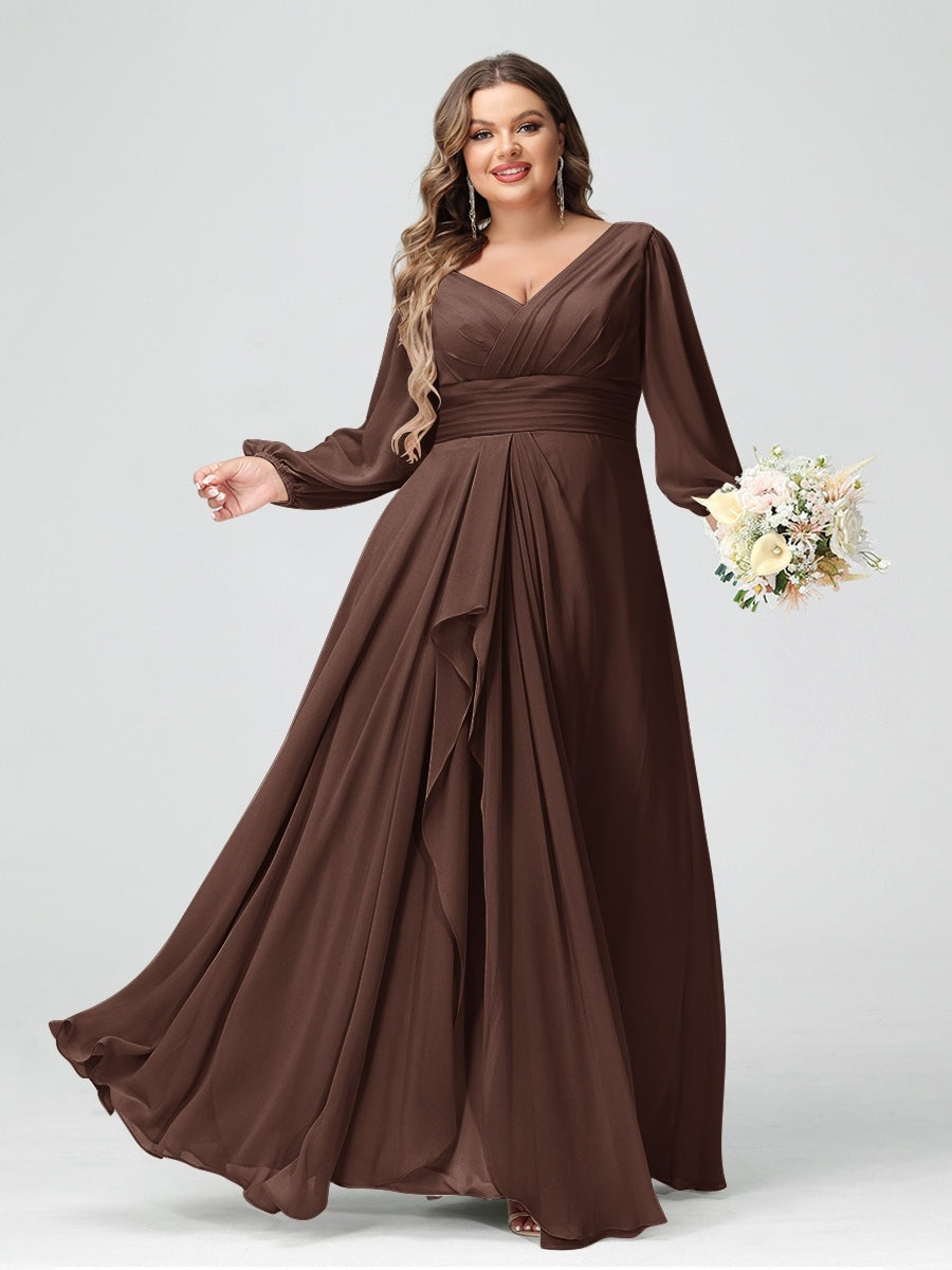Plus Size Chiffon Bridesmaid Dress with V-Neck, Long Sleeves, and Pockets in A-Line/Princess Style